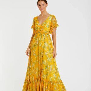 Mac Duggal Flounce Sleeve Floral Maxi Dress in Yellow Multi Size 14